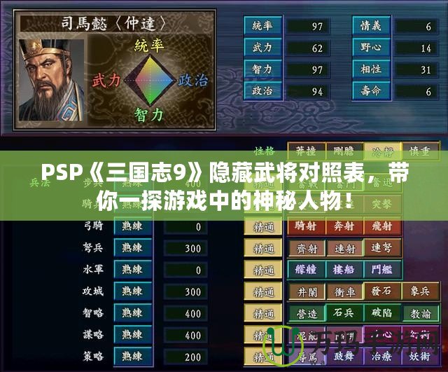 PSP《三國志9》隱藏武將對照表，帶你一探游戲中的神秘人物！