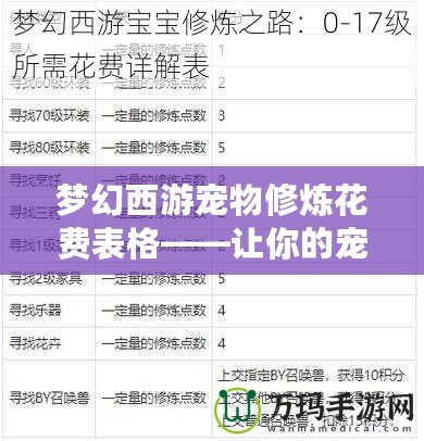 夢幻西游寵物修煉花費表格——讓你的寵物更強大，游戲體驗更精彩